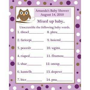 24 personalizzati Word Scramble Baby doccia gioco carte Baby viola gufo - gufo Baby doccia gioco