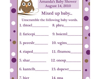24 Personalized Word Scramble Baby Shower Game Cards  Purple Baby Owl - Owl Baby Shower Game