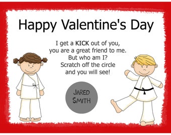 Personalized Scratch Off Valentine's Day Cards for Kids -PRINTED and shipped - You Pick the Quantity- Karate Design - School Valentines