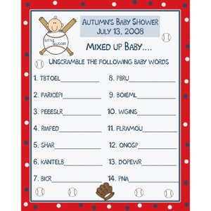 24 personalizzato Baby doccia Word Scramble gioco carte Baseball poco Slugger tema