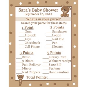 24 Baby Shower Game Cards Whats In Your Purse Game - Brown Polka Dot Teddy Bear Baby Shower - Teddy Bear in Blue - Gioco della borsa