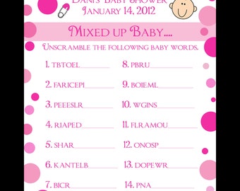 24 Personalized Word Scramble Baby Shower Game Cards   Pink Polka Dot Design