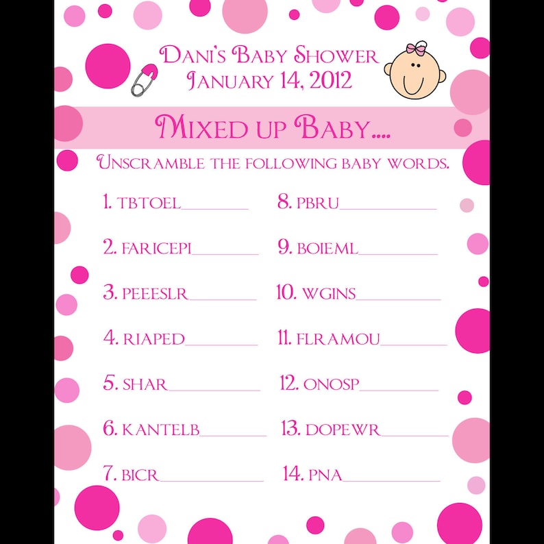 24 Personalized Word Scramble Baby Shower Game Cards Pink Polka Dot Design image 1