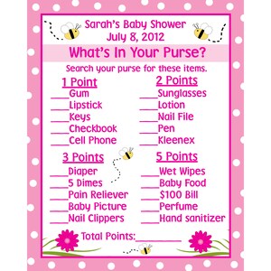 Jeu de Shower de bébé 24 cartes de jeu Whats dans votre sac à main - Design de maman-de-Bee - Bee rose Baby Shower