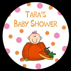 May include: A white circle with orange and pink polka dots. The text "TARA'S BABY SHOWER" is in orange letters. A cartoon baby girl is peeking out of a pumpkin.