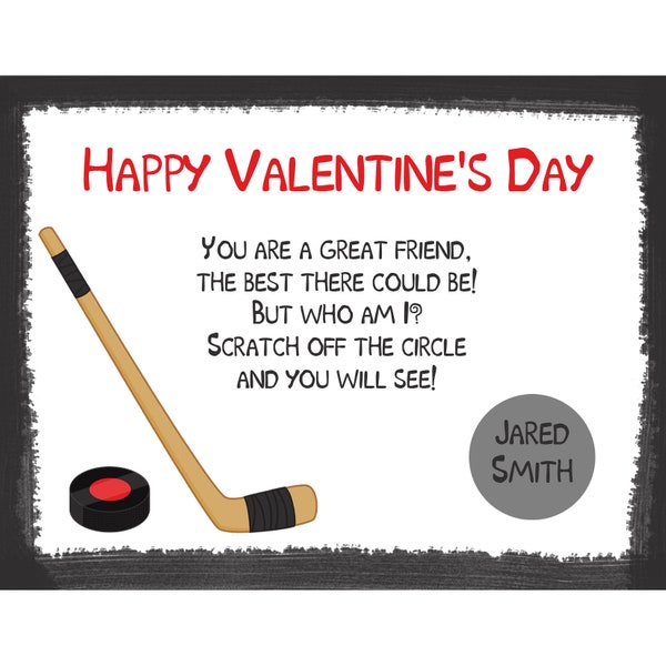 Personalized Scratch Off Valentine's Day Cards for Kids -PRINTED and shipped - You Pick the Quantity - Hockey Design - School Valentines