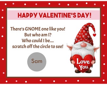 Personalized Scratch Off Valentine's Day Cards for Kids -PRINTED and shipped - You Pick Quantity - Gnome One Like U- School Valentines