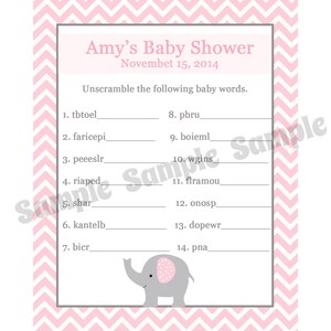 24 cartes de jeu personnalisées de baby shower Word Scramble Game ELEPHANT ROSE
