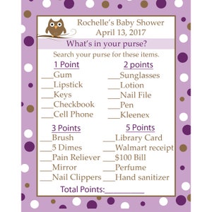24 personnalisés Baby Shower cartes de jeu - ce qui est dans votre sac à main - mauve bébé chouette