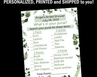 24 Personalized What's In Your Purse Bridal Shower Game Cards   -PRINTED and shipped to you - Floral Woodland Design - Bridal Shower Game