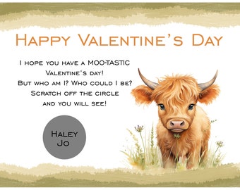 Personalized Scratch Off Valentine's Day Cards for Kids -PRINTED and shipped -You Pick Quantity- Highland Cow  -  Cow Valentines - Mini Cow