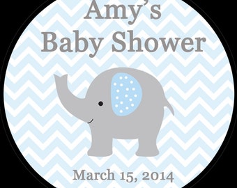 30 Personalized Baby Shower 1.5"  Inch Stickers   -   BLUE Elephant