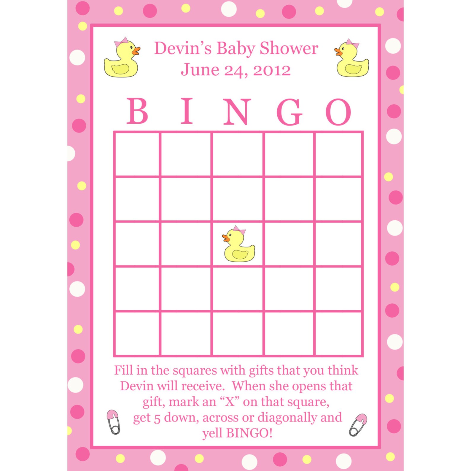 24 Personalized Baby Shower Bingo Cards PINK DUCKY | Etsy
