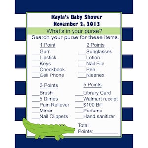 24 Cartes jeu de douche de bébé personnalisé - ce qui est dans votre sac à main - petit Alligator