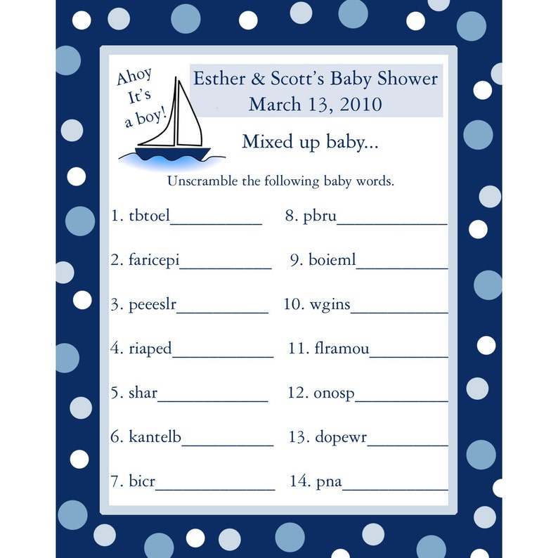 24 Personalized Word Scramble Baby Shower Game Cards AHOY IT'S A BOY image 1