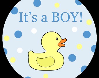 30 Personalized Round Stickers - Blue Rubber Ducky Baby Shower - It's A BOY -1.5" Inches