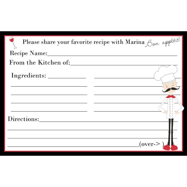 50 Cartões de Receitas Personalizados - Chá de Panela - Design de Chef - IMPRESSOS