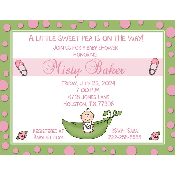 20 Personalized Baby Shower Invitations - Pink Sweet Pea - Sweet Pea Baby Shower - Little Sweet Pea - ANY Colors - Any quantity