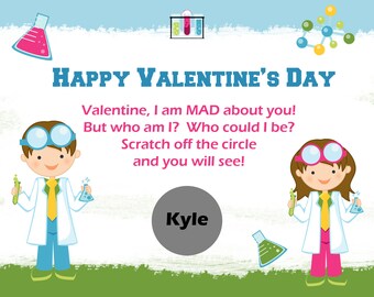 Personalized Scratch Off Valentine's Day Cards for Kids -PRINTED and shipped - You Pick Quantity - Mad Scientist Design - School Valentines