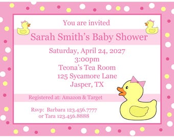 20 Personalized Baby Shower Invitations  - Pink Rubber Ducky - PRINTED and shipped
