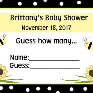 24 tarjetas de juego personalizadas para baby shower "Adivina cuántas" - Diseño de abeja para baby shower - Adivina cuántas tarjetas
