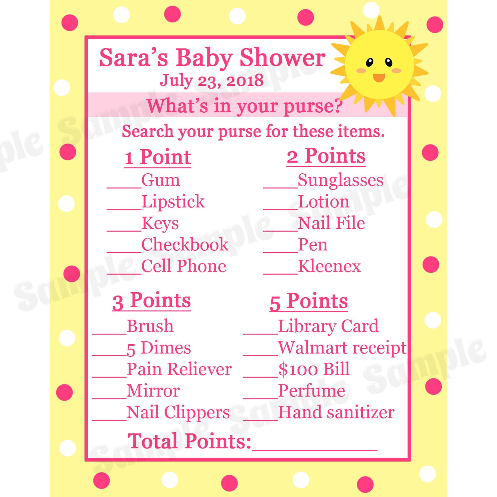 24 Baby Shower Game Cards Whats in Your Purse Game PINK You | Etsy