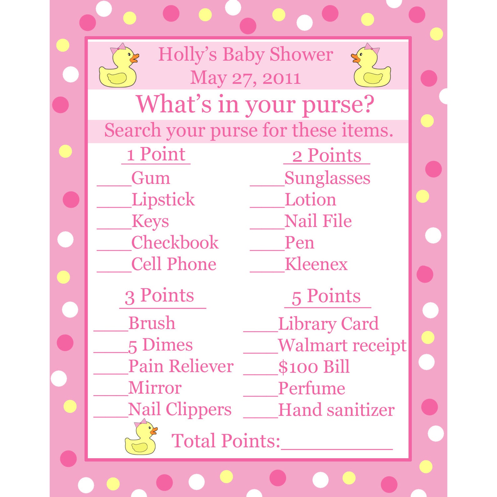 24 Baby Shower Game Cards Whats In Your Purse Game PINK Rubber Ducky.