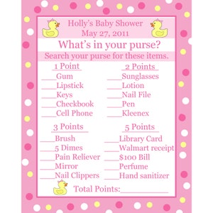 24 Bébé douche jeu cartes Whats dans votre jeu de sac à main rose canard en plastique