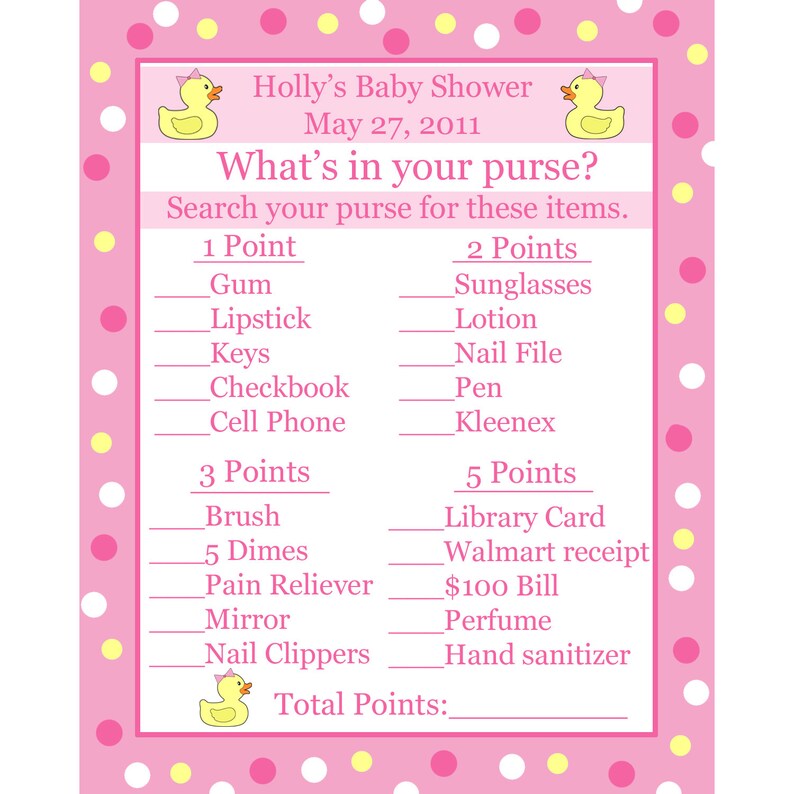 24 Baby Shower Game Cards Whats in Your Purse Game PINK Rubber - Etsy