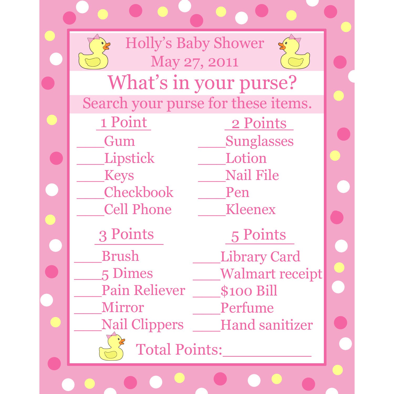 24 Baby Shower Game Cards Whats in Your Purse Game PINK Rubber - Etsy