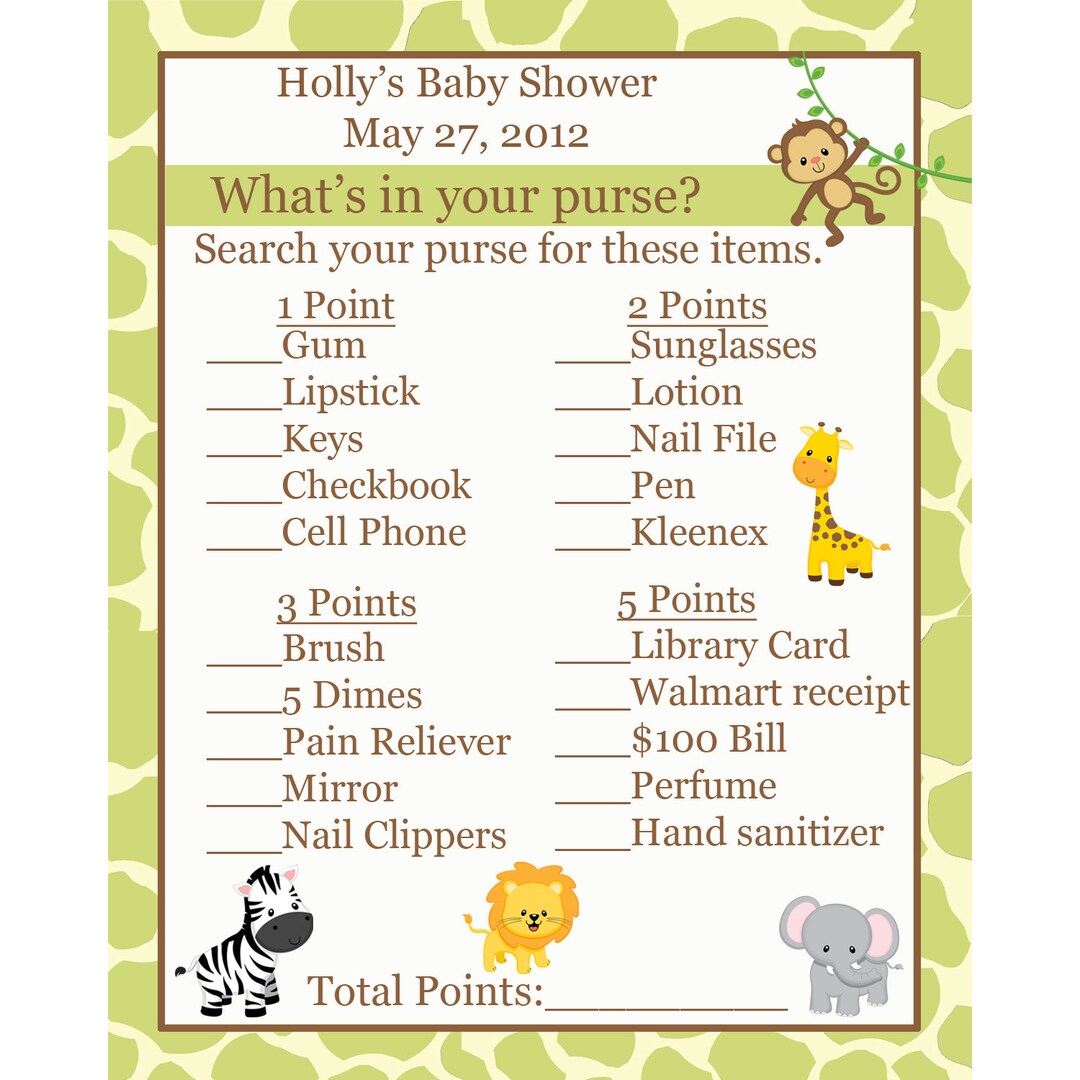 24 Baby Shower Game Cards Whats in Your Purse Game - Safari Baby Shower ...
