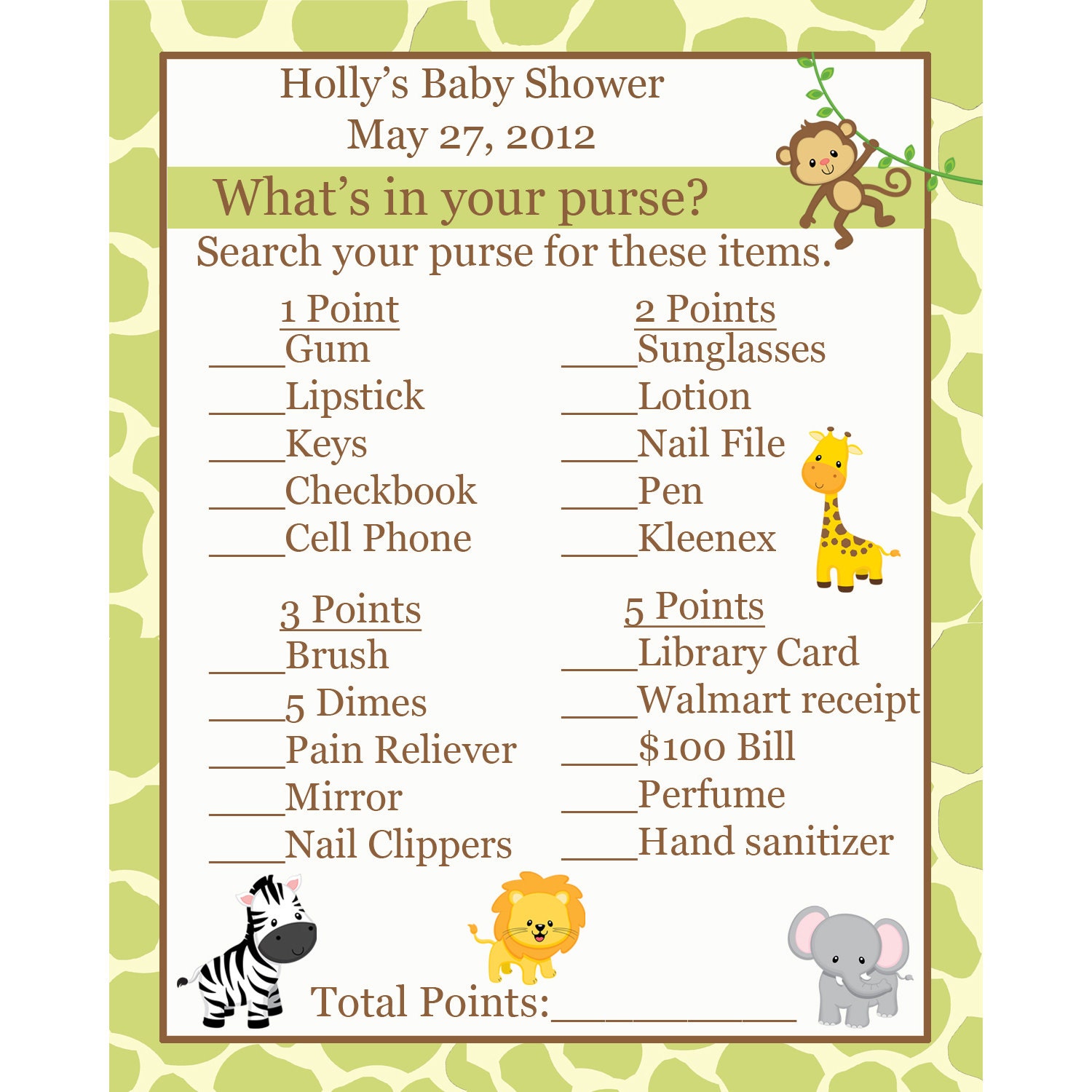 24 Baby Shower Game Cards Whats in Your Purse Game Safari Etsy