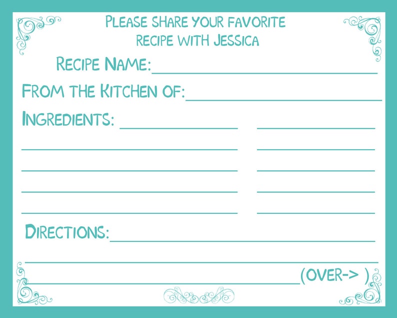 75 Personalized Recipe Cards Blue Turquoise Aqua Bridal Shower Recipe Cards Wedding Shower Recipe Cards Family Recipe Cards image 1