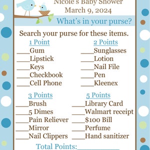 24 tarjetas de juego de ducha de bebé personalizadas - ¿Qué hay en tu monedero - Blue Baby Bird - Momma Bird Baby Shower - Baby shower de pájaros azules