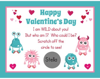 Personalized Scratch Off Valentine's Day Cards for Kids -PRINTED and shipped - You Pick Quantity - Monster Wild Thing - School Valentines