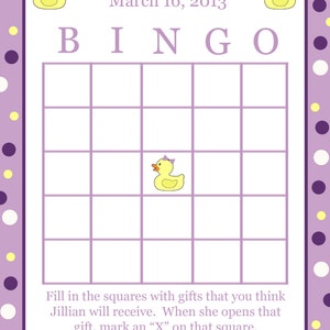 30 personalizado bebé ducha tarjetas de Bingo - patito púrpura