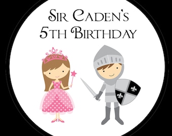 Personalized Round Stickers - Knight and Princess Birthday Design - Three Sizes Available