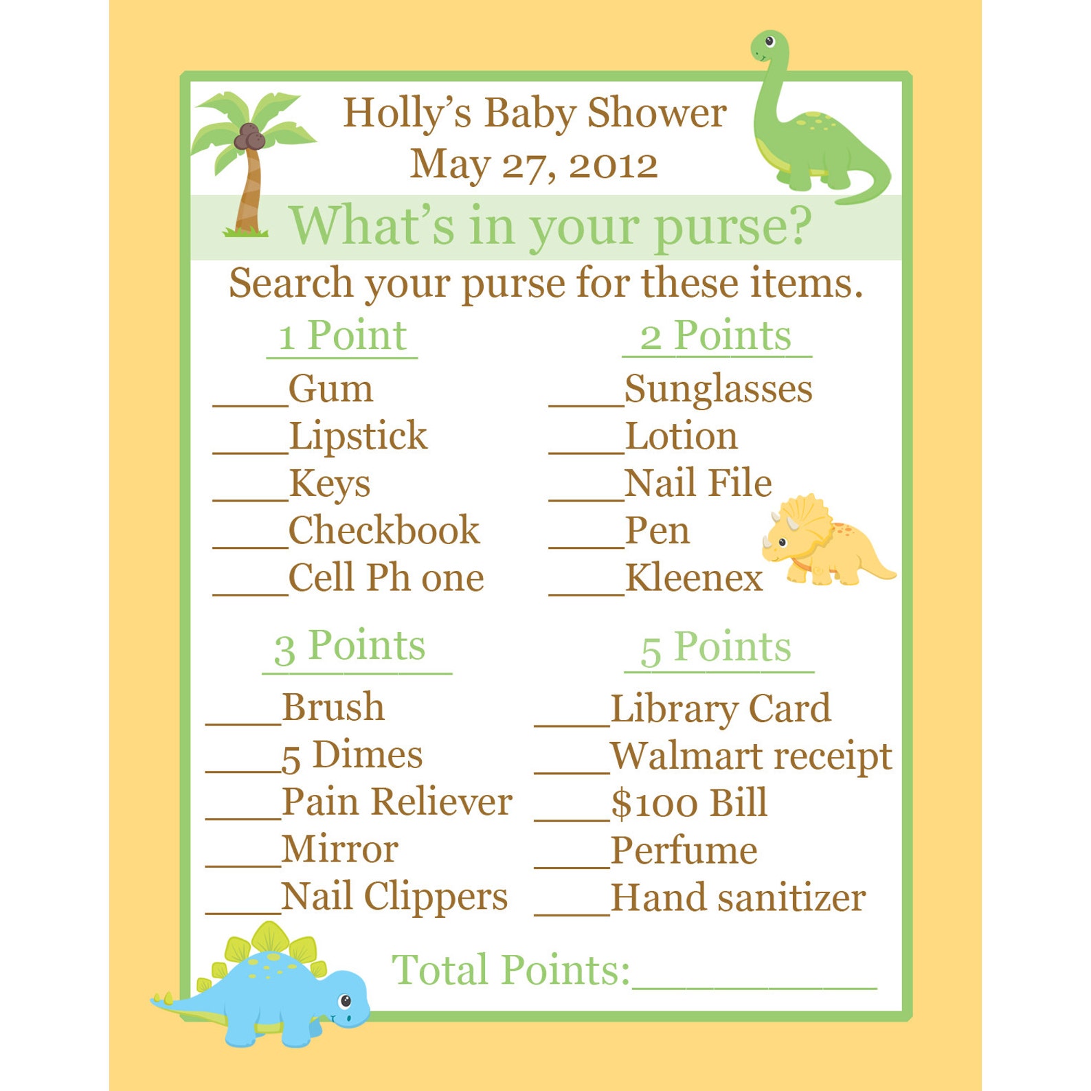 24 Baby Shower Game Cards Whats in Your Purse Game Dinosaur Etsy
