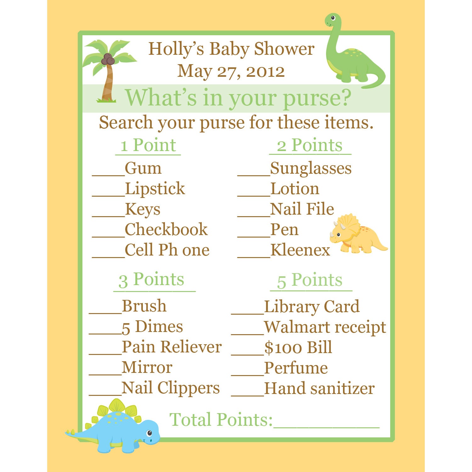 24 Baby Shower Game Cards Whats in Your Purse Game Dinosaur | Etsy