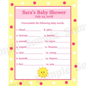 24 personalizzati bambino doccia Word Scramble gioco carte - sei il mio sole bambino doccia rosa - sole bambino doccia