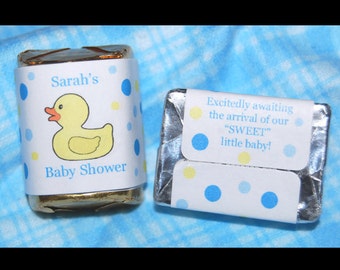 120 Personalized Baby Shower Mini Candy Bar Labels - Blue Rubber Ducky