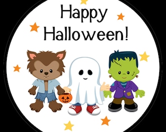 20 Personalized Round Stickers  - Halloween Stickers - Halloween Party  Stickers - 2 Inches - Ghost Frankenstein and Werewolf Design