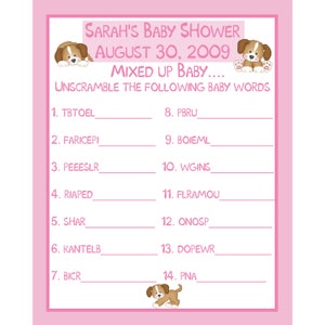 24 bébé douche jeu cartes - mot mêlé - personnalisé - cartes jeu de douche bébé chien chiot rose