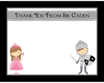 20 Personalized Birthday Thank You Cards   - Knight and Princess Design