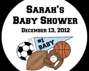 Personalized Round Baby Shower Stickers  - Sports Theme Baby Shower  - Available in THREE  sizes  - 2.5", 2" or 1.5" - Your choice