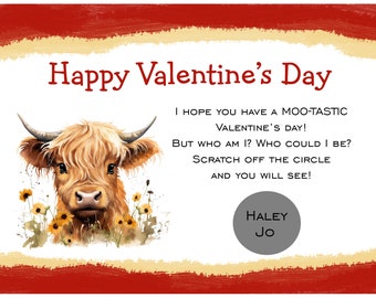 Personalized Scratch Off Valentine's Day Cards for Kids -PRINTED and shipped -You Pick Quantity- Highland Cow  -  Cow Valentines - Mini Cow