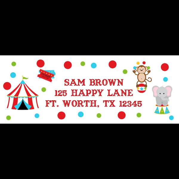 30 Personalized Return Address Labels - Circus Address Labels - Circus Party Labels