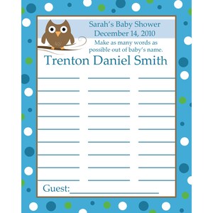 24 personalizzato Baby Shower Nome Gioco Blue Baby Owl