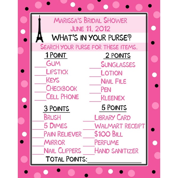 24 Bridal Shower Game Cards -  Whats In Your Purse Game - PARIS