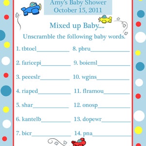 24 personnalisée Word Scramble bébé douche jeu cartes - avions